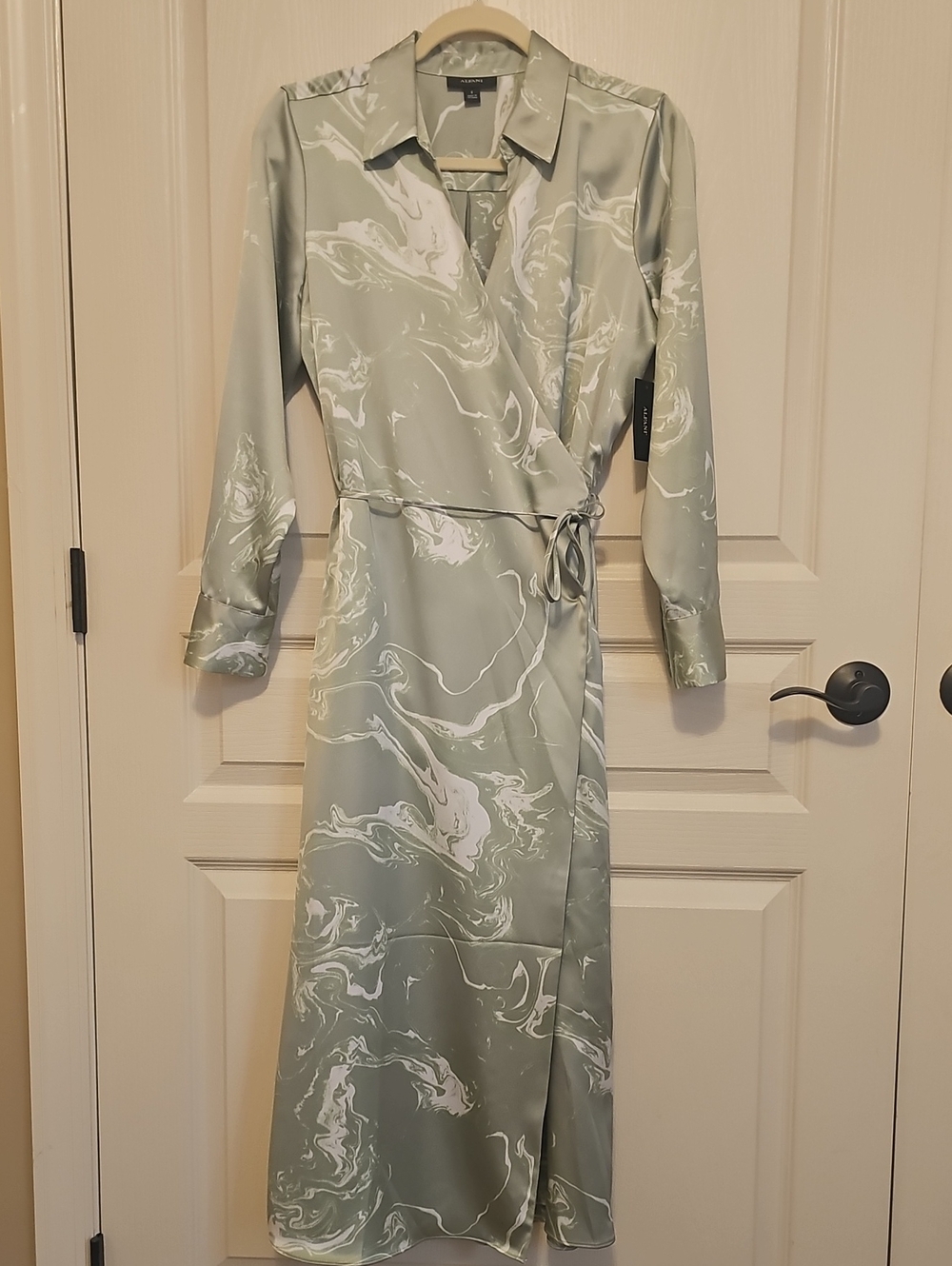 Alfani Sage and White Marble-Print Wrap Midi Dress